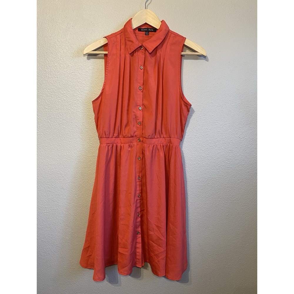 Sweet Rain Women's Coral/Salmon Dress L Sleeveless Collared Button Pleat Dress